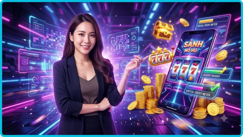 Giao diện sảnh nổ hũ SHBET hiện đại với hiệu ứng ánh sáng neon